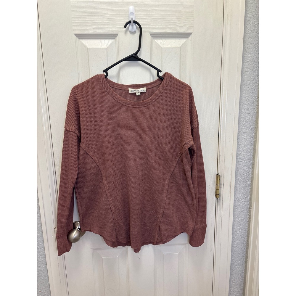 Olive & Oak Mauve Waffle Knit Thermal Top Seam Detail Long Sleeve Crew Neck S